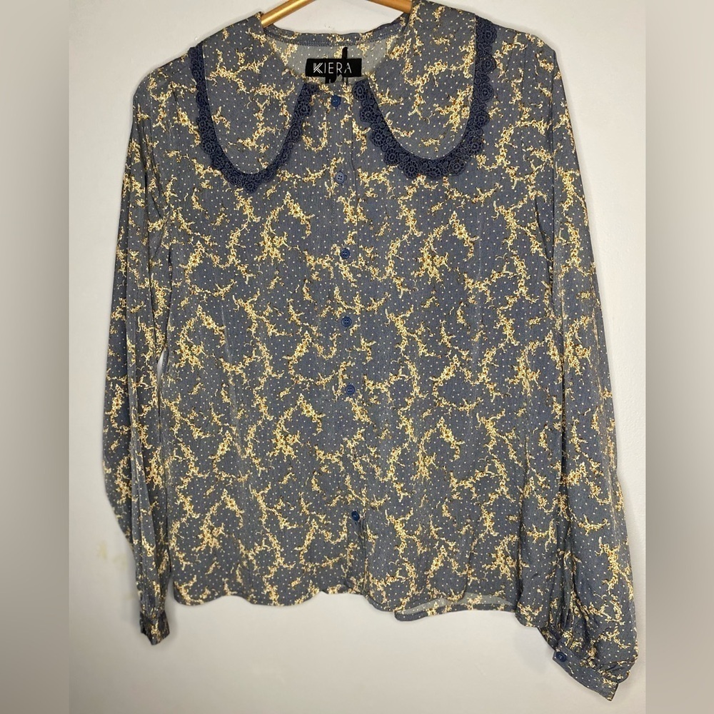 Vintage Kiera Women's Blue and Gold Blouse | Size L | NWT| Scallop collar